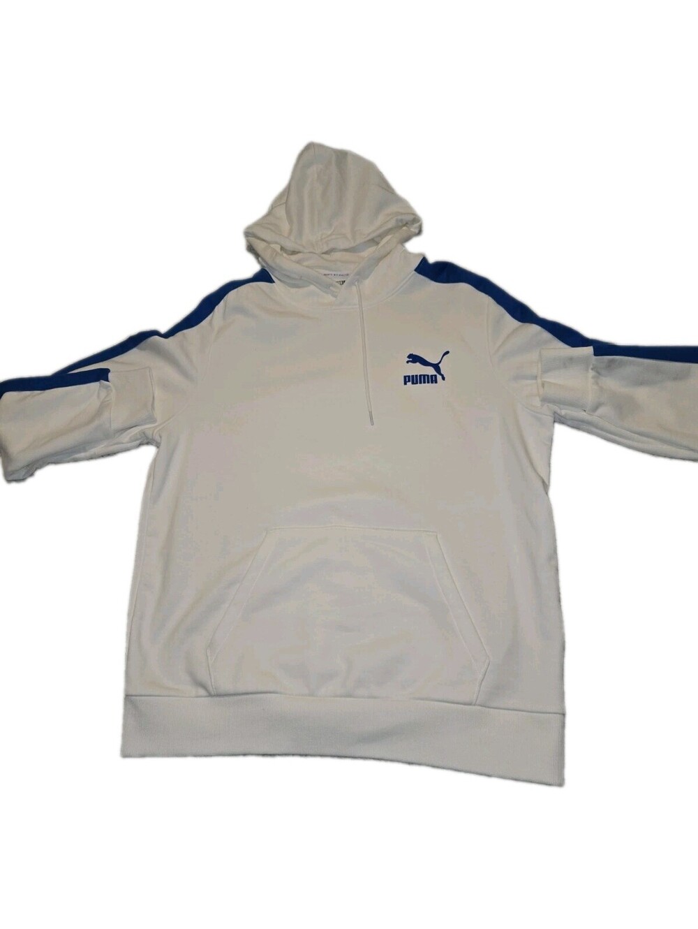 puma hoodie men Sz L EUC White Blue Sleeve Stripes Logo Pocket Streetwear